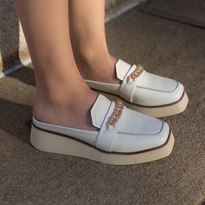 Naked Feet White Mules with Gold Chain